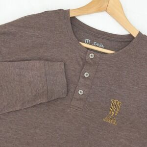 Java Monster Henley Shirt Mens XL Brown Long Sleeve Energy Drink Logo Graphic